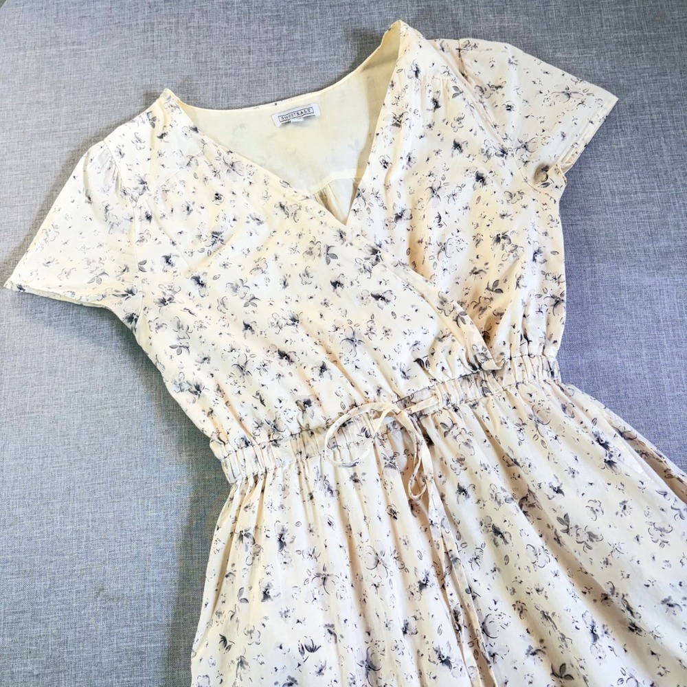 Sweet Salt Floral Faux Wrap Midi Dress Cream Sz 8 Pockets Summer Romantic Fairy